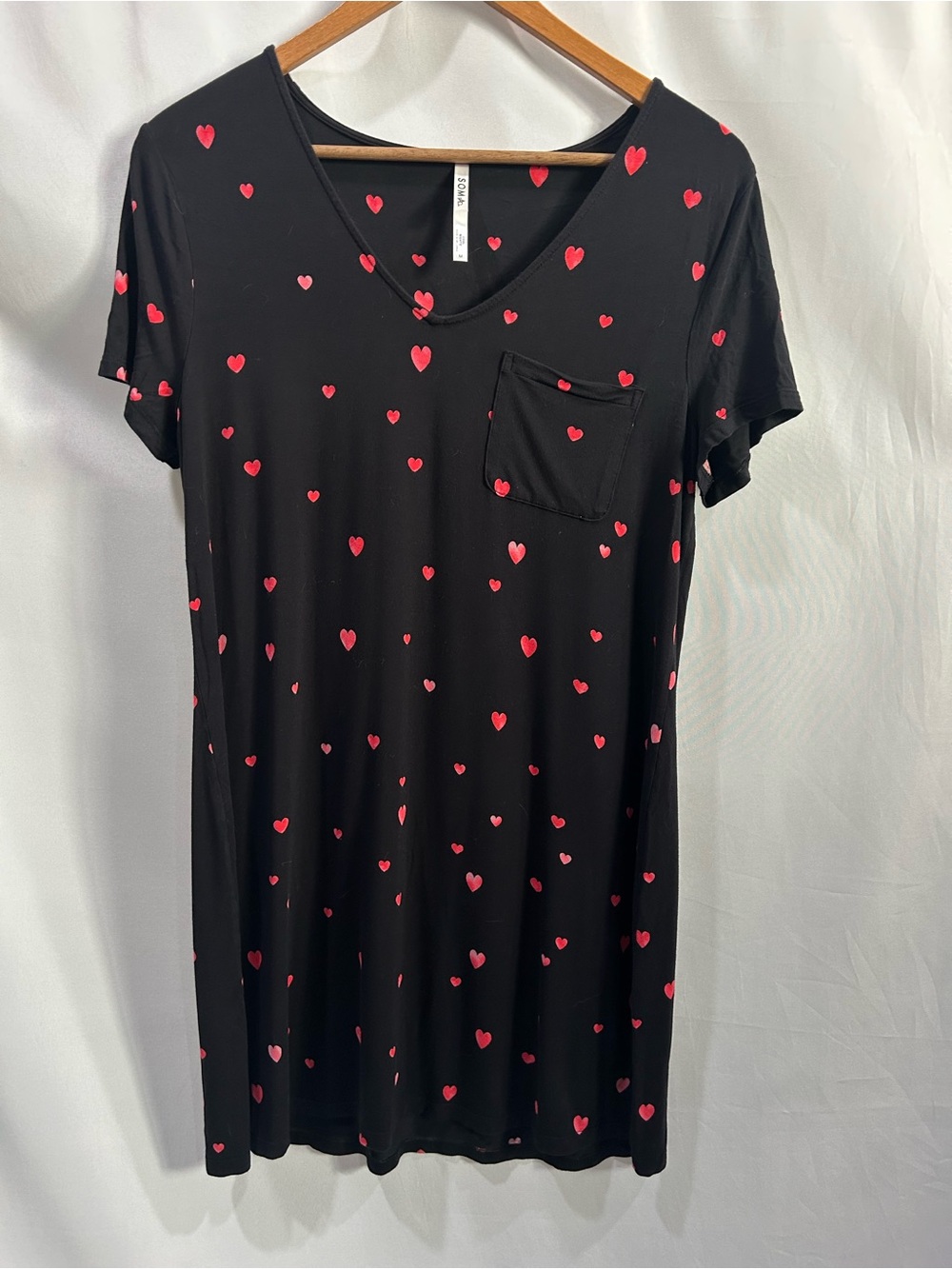 Soma Black V-Neck Heart Print night gown Sleep Shirt with Pocket Hearts Cool